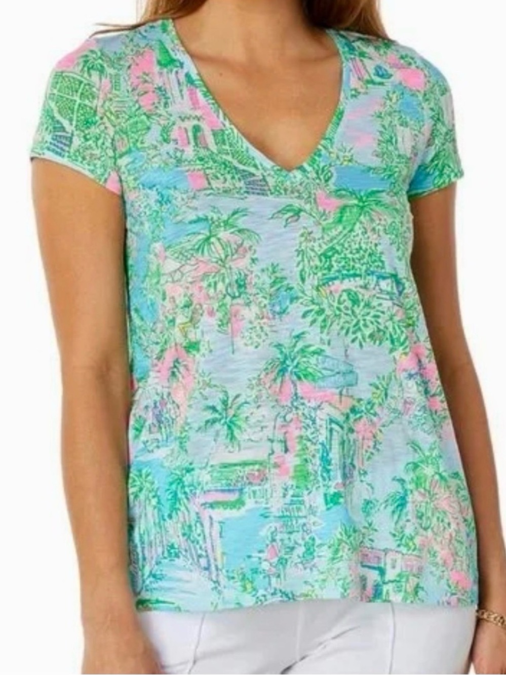 Lilly Pulitzer Women's Medium V-Neck Tropical Resort Print Short Sleeve Tee Top